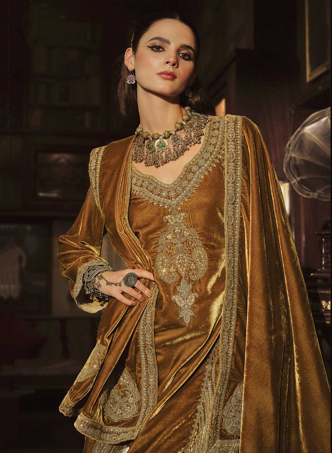 Mustard Party Wear Pakistani Unstitched Velvet Suit Dress Material