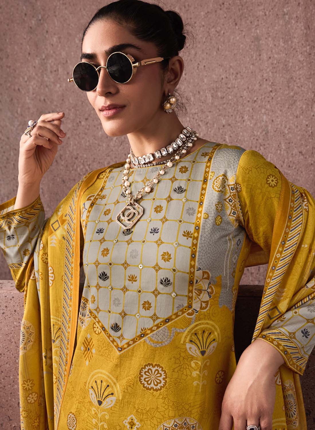 Yellow Unstitched Cotton Salwar Suit Dress Material with Muslin Dupatta