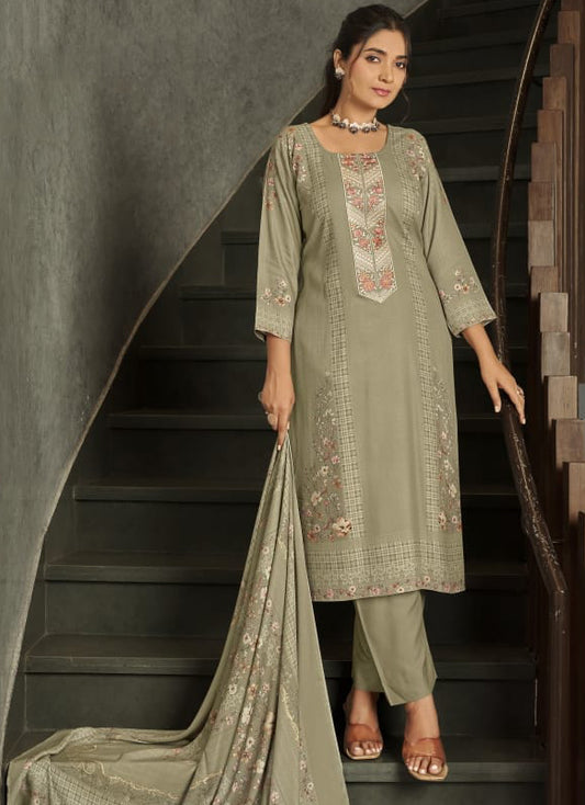 Viscose Pashmina Unstitched Winter Suit Material with Neck Embroidery