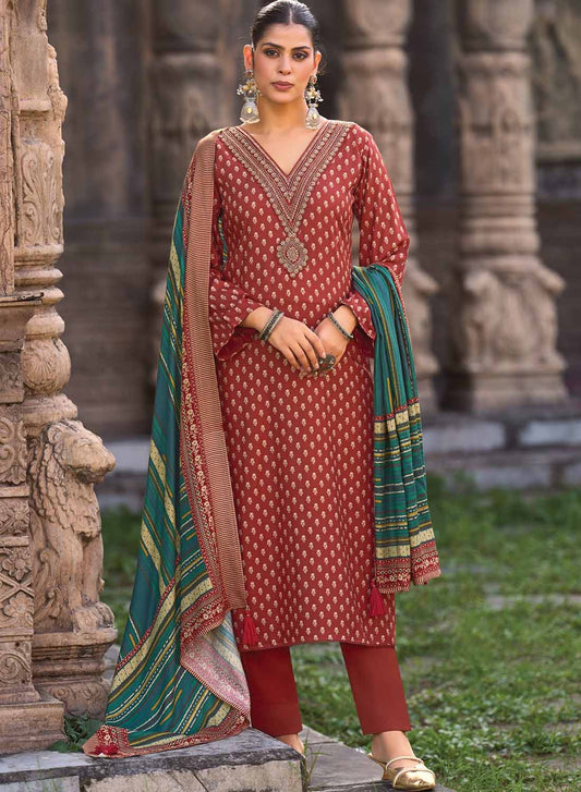 Rust Red Party Wear Pashmina Unstitched Winter Suit Set Dress Material