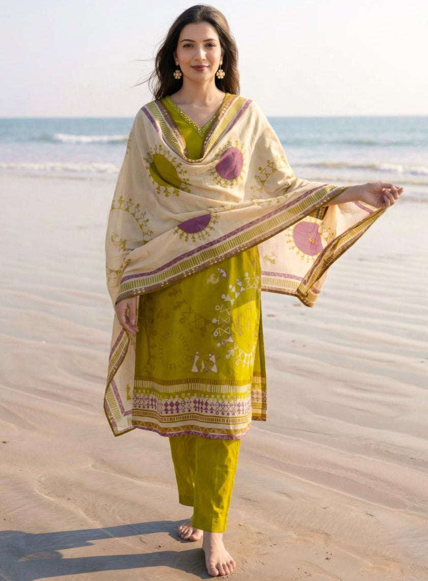 Pure Cotton Lawn Printed Green Unstitched Salwar Suit for Women