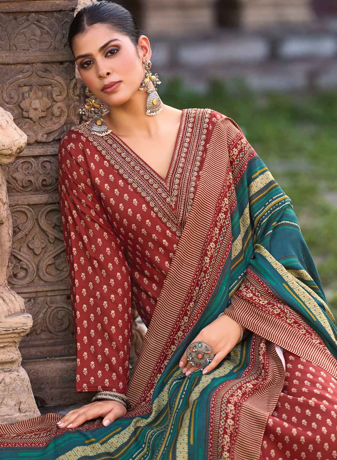 Rust Red Party Wear Pashmina Unstitched Winter Suit Set Dress Material