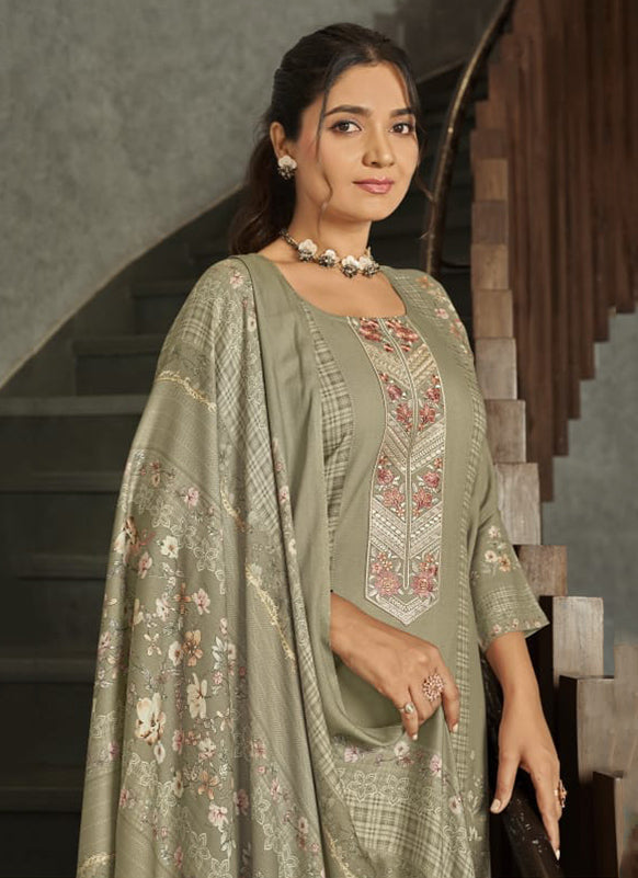 Viscose Pashmina Unstitched Winter Suit Material with Neck Embroidery