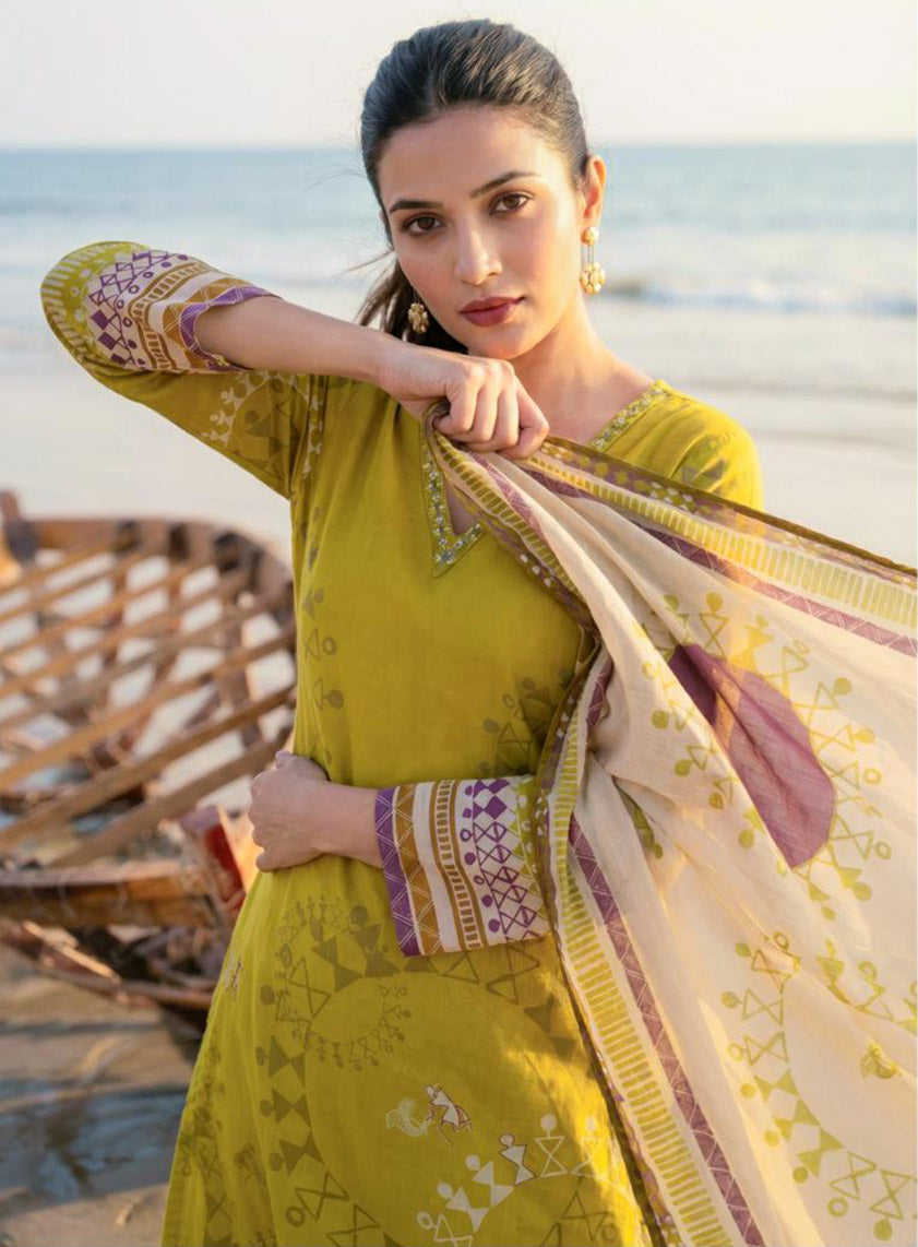 Pure Cotton Lawn Printed Green Unstitched Salwar Suit for Women