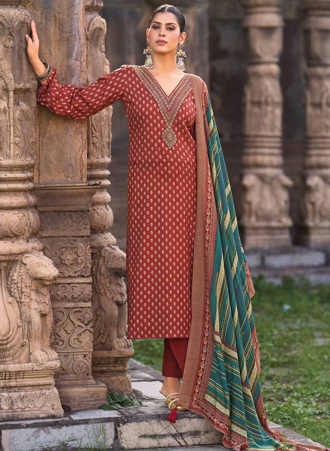 Rust Red Party Wear Pashmina Unstitched Winter Suit Set Dress Material