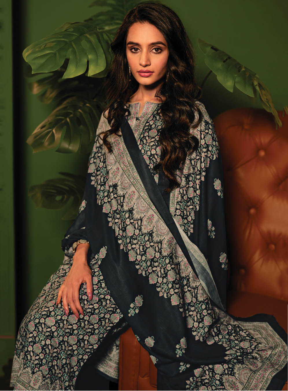 Unstitched Pashmina Black Winter Suits Dress Material for Women