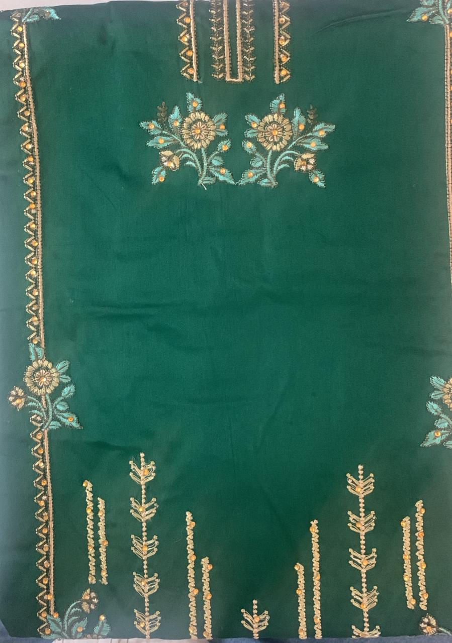 Women's Green Unstitched Cotton Suit Dress Material with Embroidery