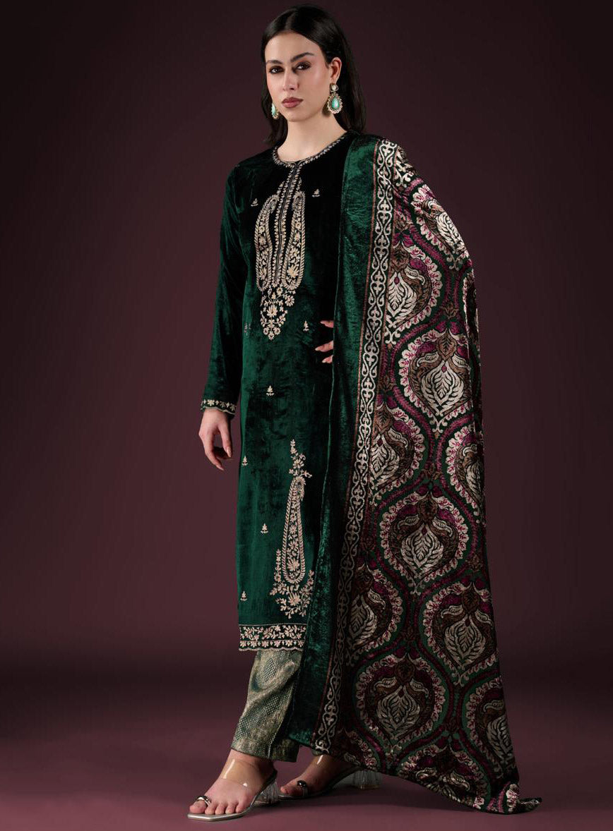Party Wear Green Velvet Unstitched Salwar Suit Material with Embroidery