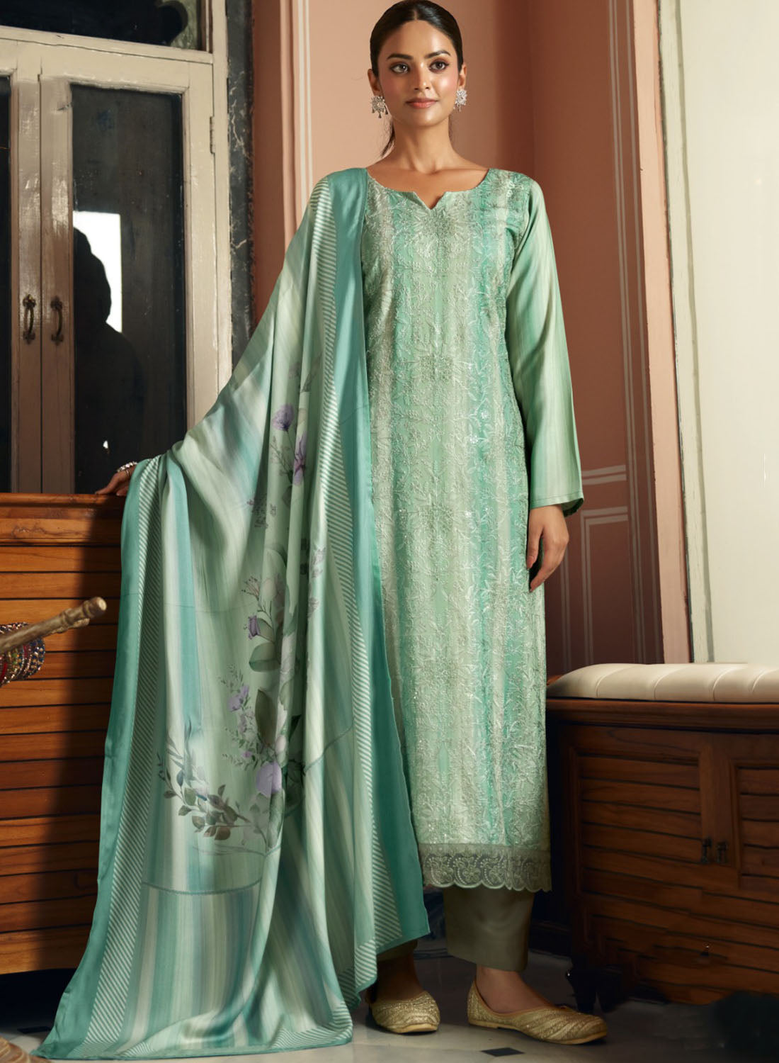 Party Wear Viscose Muslin Unstitched Salwar Suit Material with Embroidery