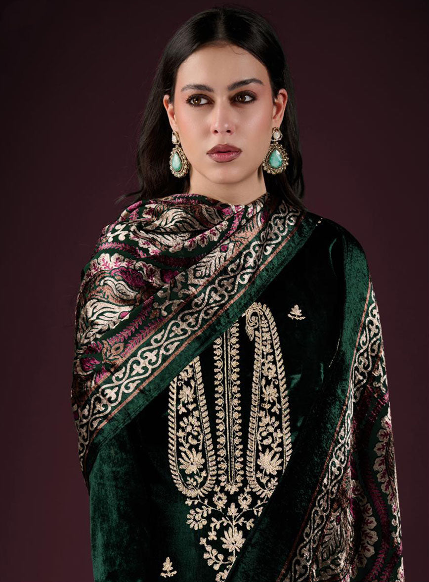 Party Wear Green Velvet Unstitched Salwar Suit Material with Embroidery