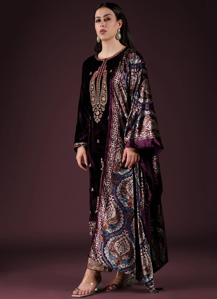 Party Wear Purple Velvet Unstitched Salwar Suit Material with Embroidery