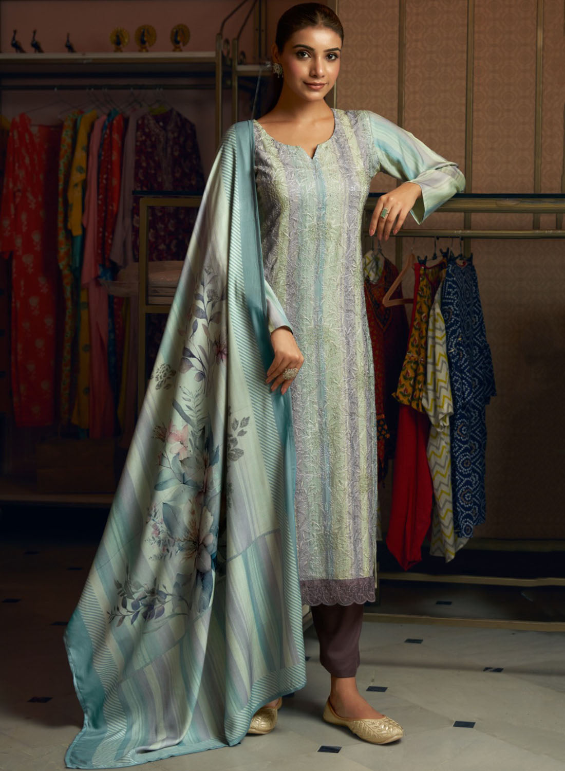 Party Wear Viscose Muslin Unstitched Salwar Suit Material with Embroidery