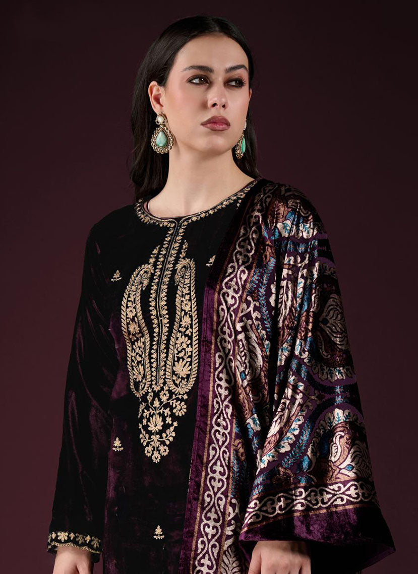 Party Wear Purple Velvet Unstitched Salwar Suit Material with Embroidery