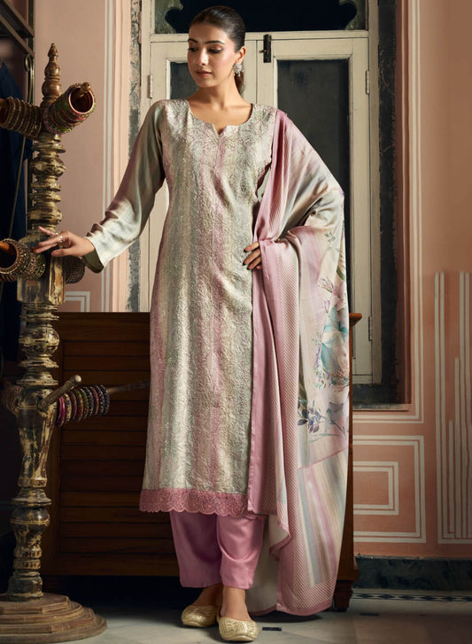 Fancy Viscose Muslin Unstitched Salwar Suit Material with Embroidery