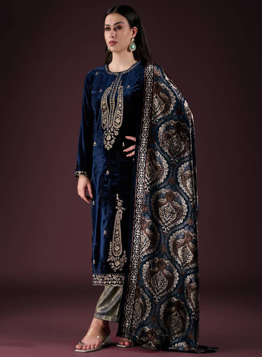 Party Wear Blue Velvet Unstitched Salwar Suit Material with Embroidery