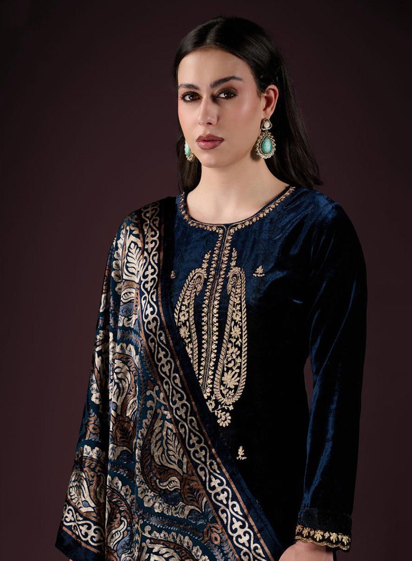 Party Wear Blue Velvet Unstitched Salwar Suit Material with Embroidery