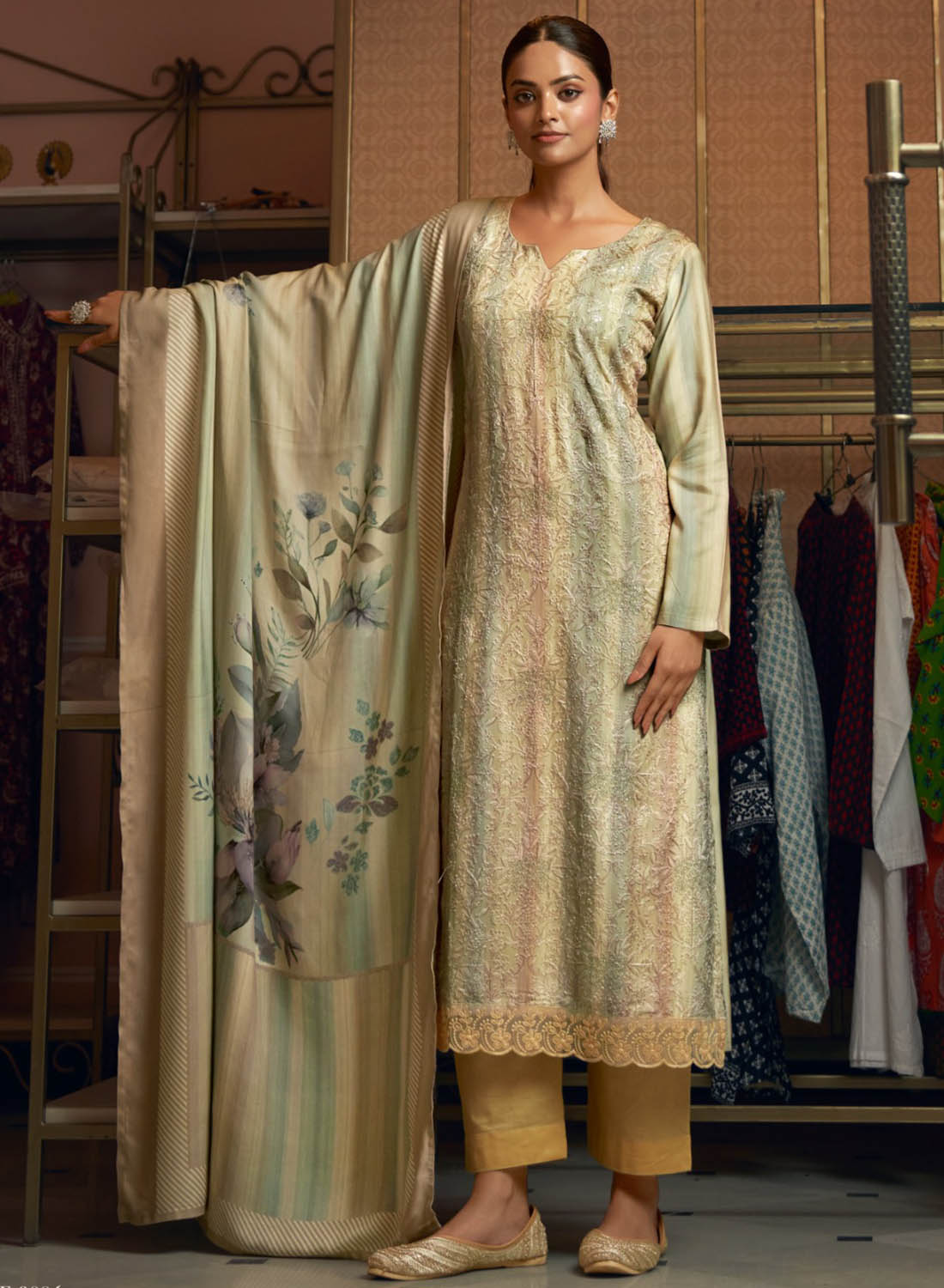 Party Wear Viscose Muslin Unstitched Salwar Suit Material with Embroidery