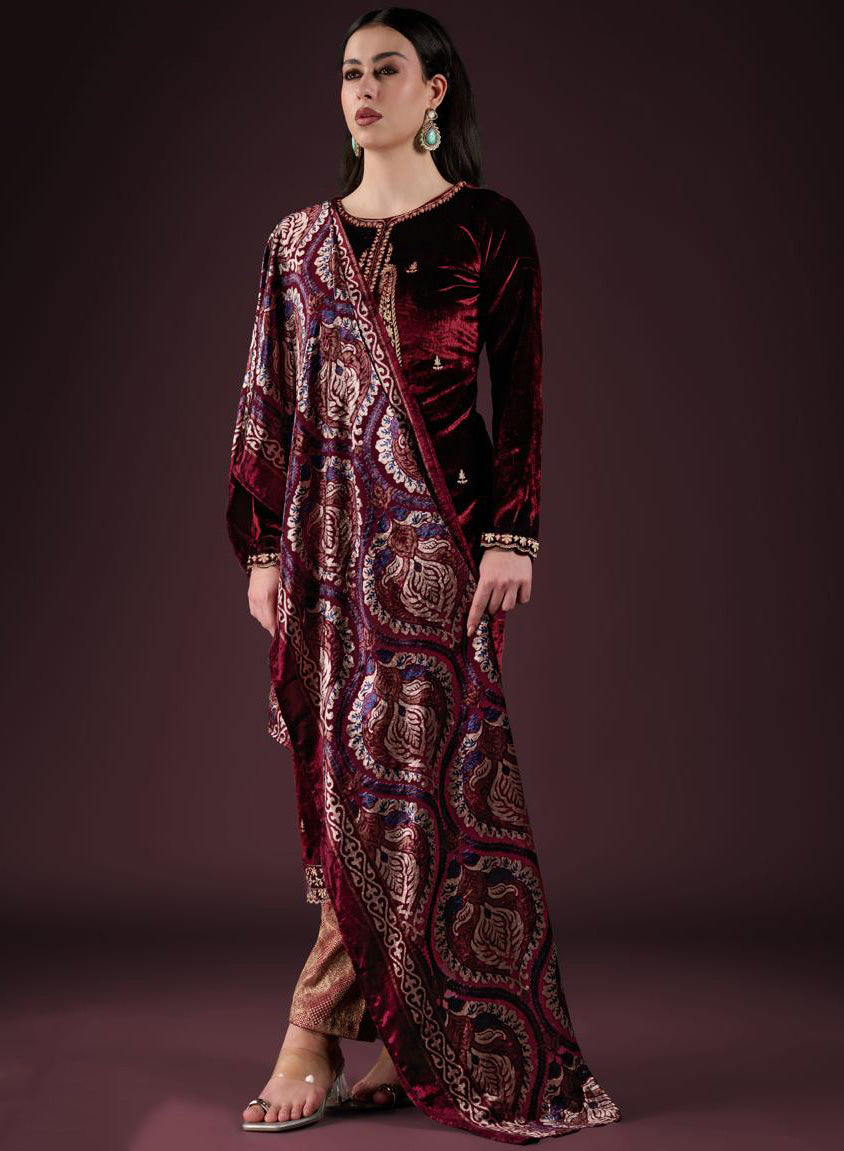 Party Wear Velvet Unstitched Salwar Suit Set Material with Embroidery