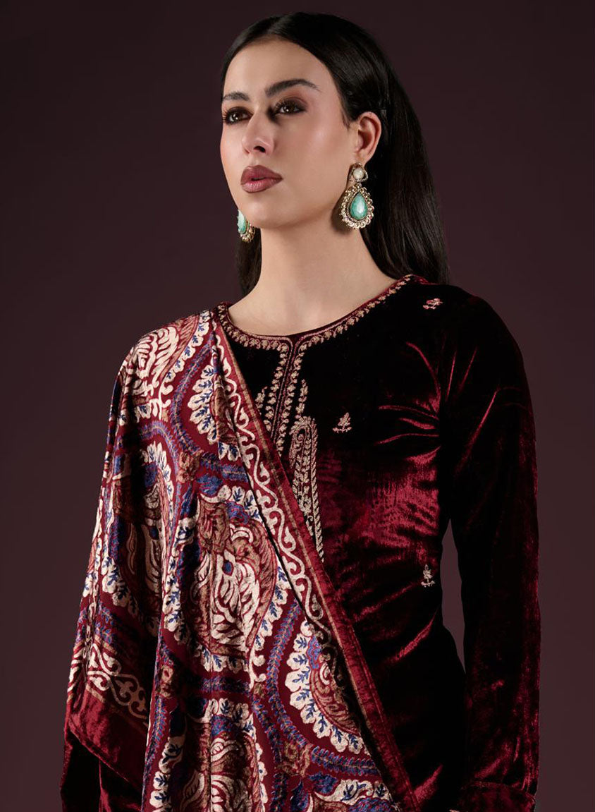 Party Wear Velvet Unstitched Salwar Suit Set Material with Embroidery