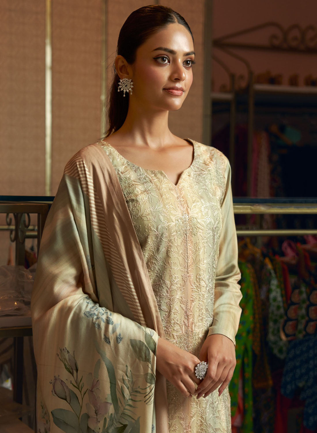 Party Wear Viscose Muslin Unstitched Salwar Suit Material with Embroidery