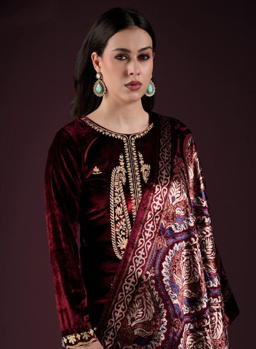 Party Wear Velvet Unstitched Salwar Suit Set Material with Embroidery