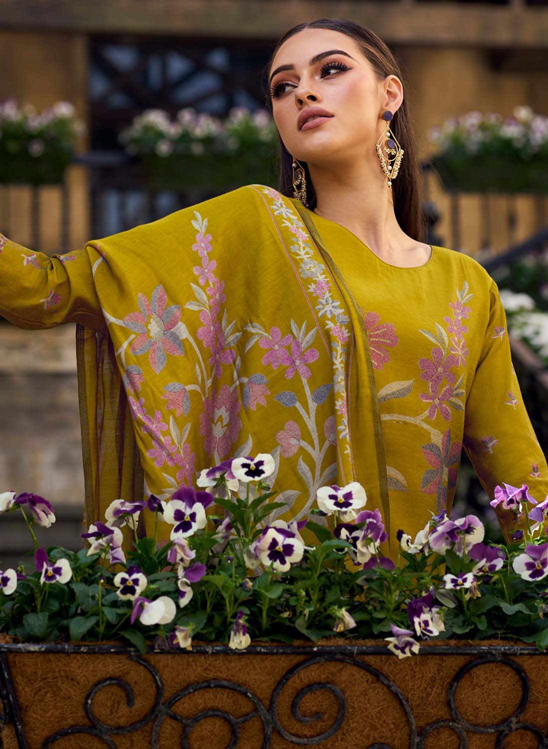 Party Wear Pure Viscose Muslin Unstitched Printed Suit Mustard
