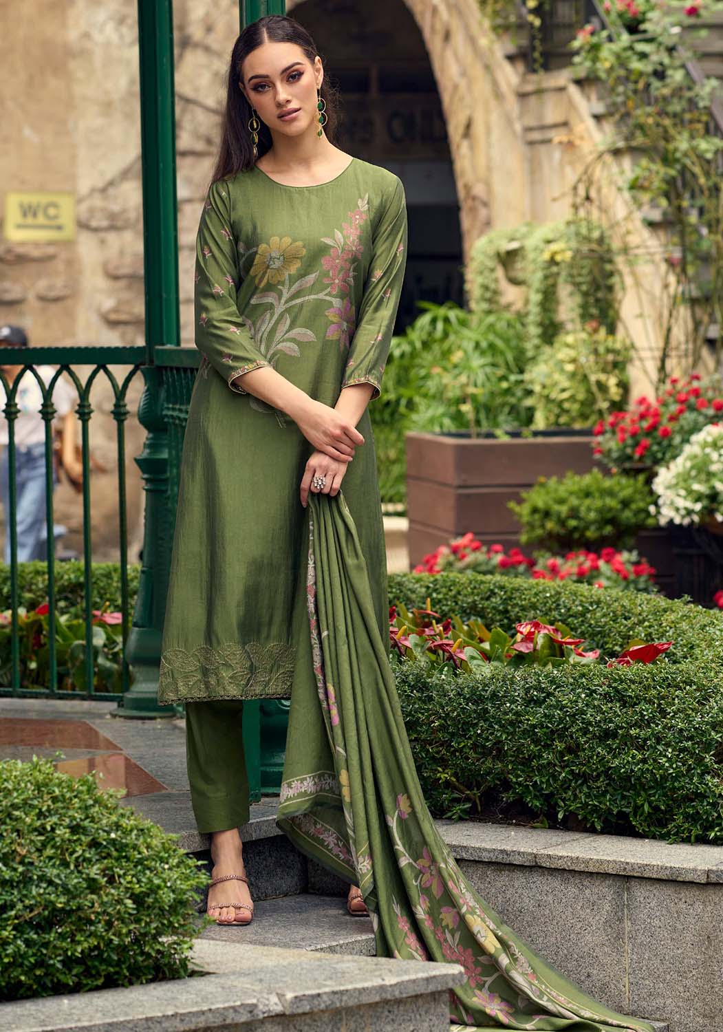 Party Wear Pure Muslin Unstitched Printed Women Salwar Suit Olive Kilory Trends