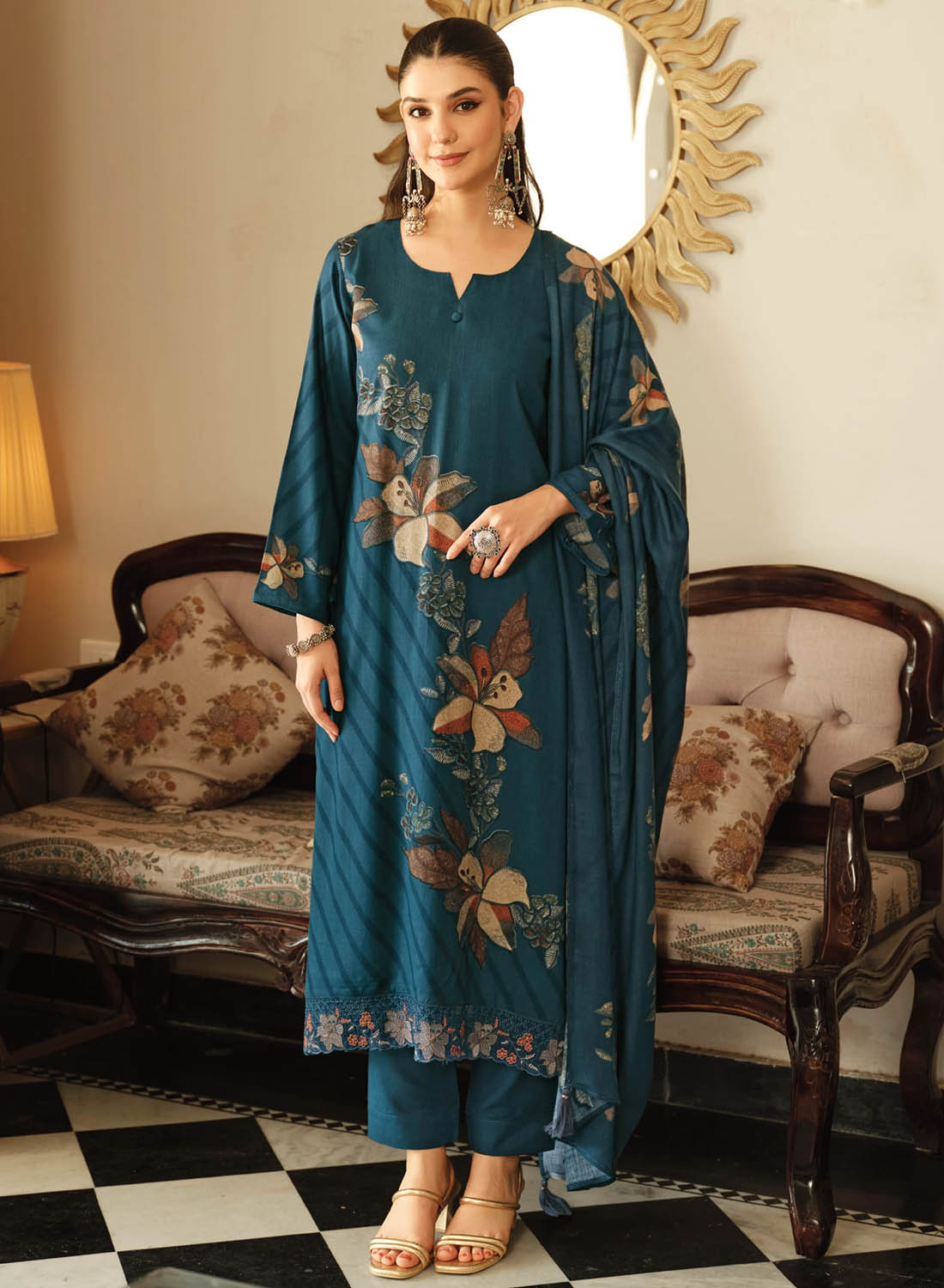 Teal Blue Pashmina Unstitched Winter Salwar Suit Set Material for Women