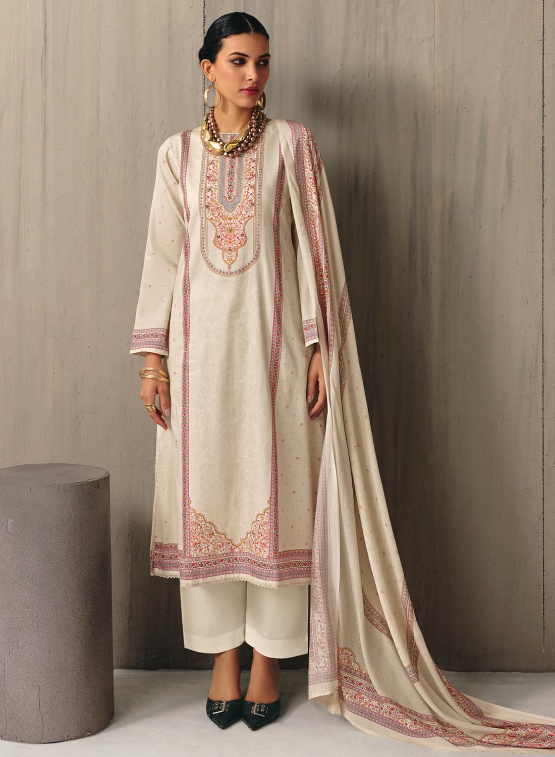 Off-White Unstitched Cotton Salwar Suit Dress Material for Women