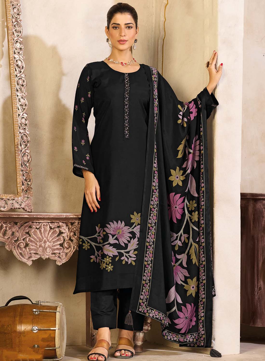 Black Party Wear Muslin Silk Unstitched Salwar Suit Dress Material