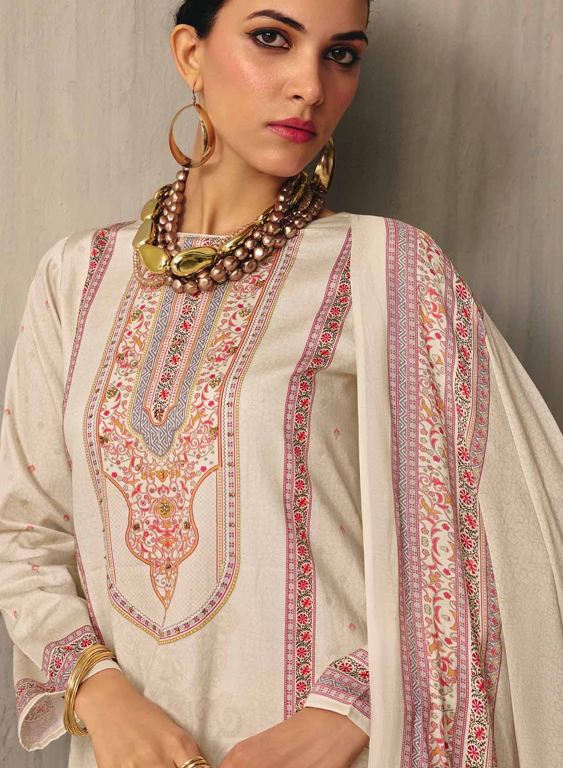 Off-White Unstitched Cotton Salwar Suit Dress Material for Women