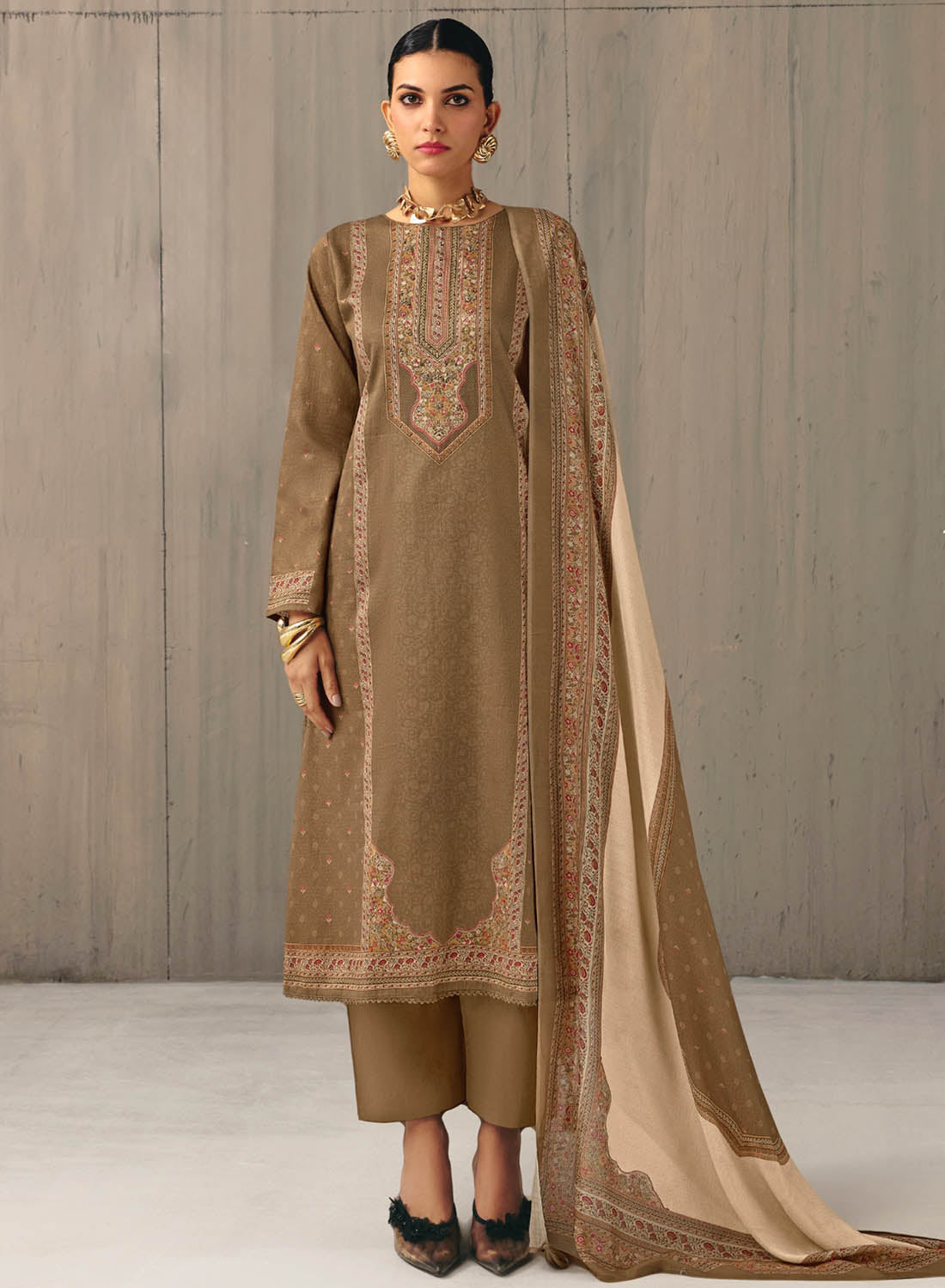 Brown Unstitched Cotton Salwar Suit Dress Material for Women