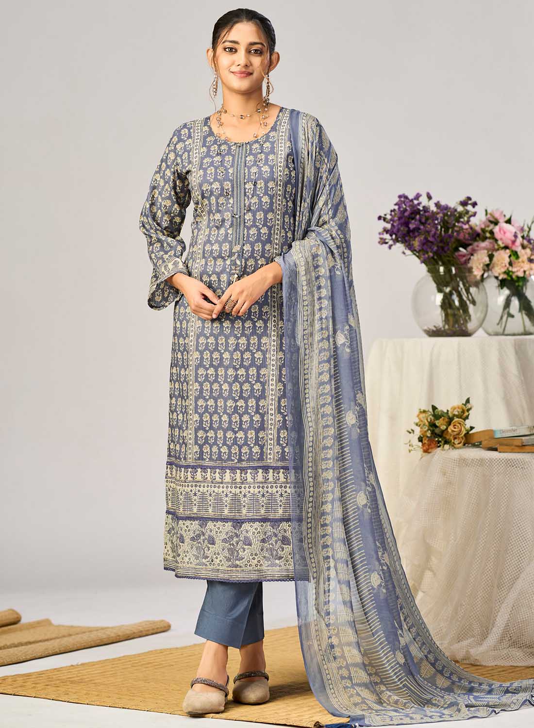 Printed Pure Cotton Unstitched Suit Material with Dupatta for Women