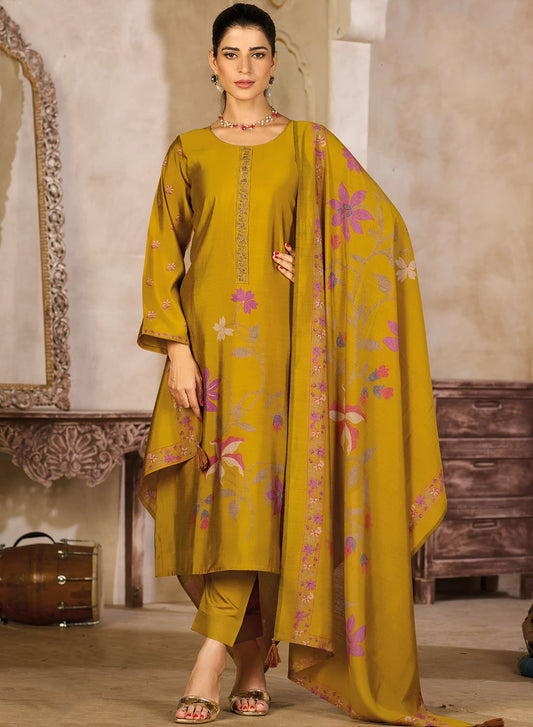 Mustard Party Wear Muslin Silk Unstitched Salwar Suit Dress Material
