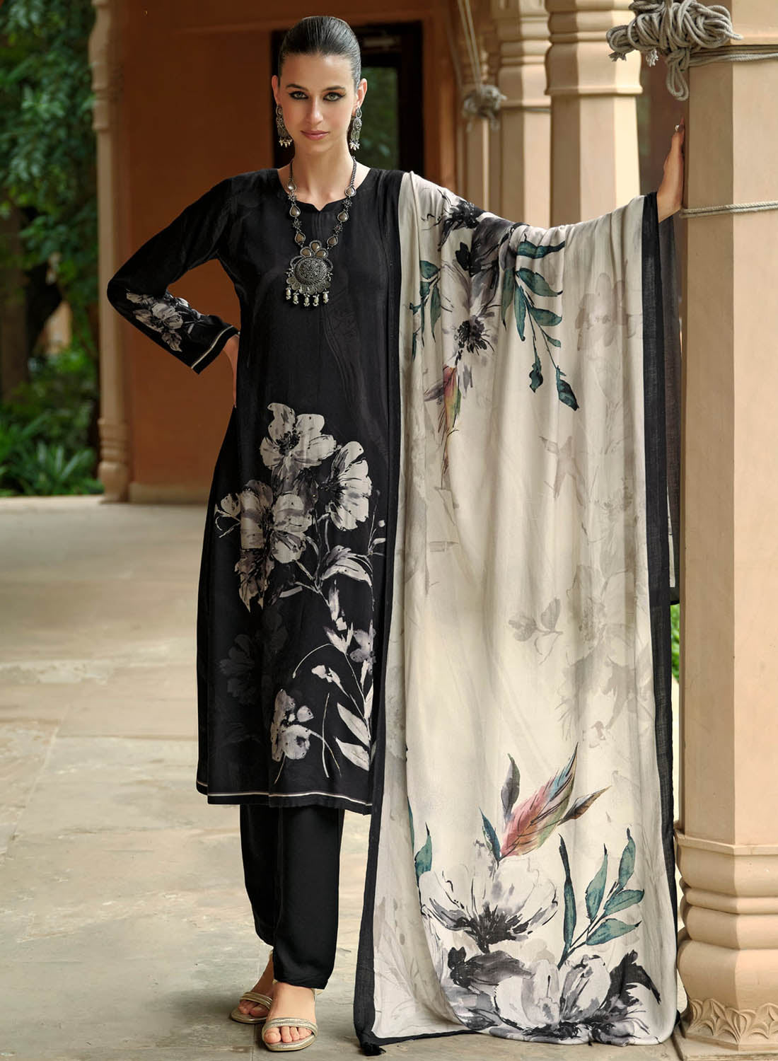 Black Unstitched Pashmina Winter Salwar Suit Set Fabric Material for Women