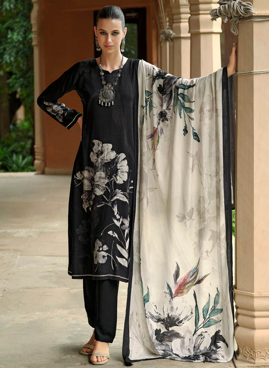 Black Unstitched Pashmina Winter Salwar Suit Set Fabric Material for Women