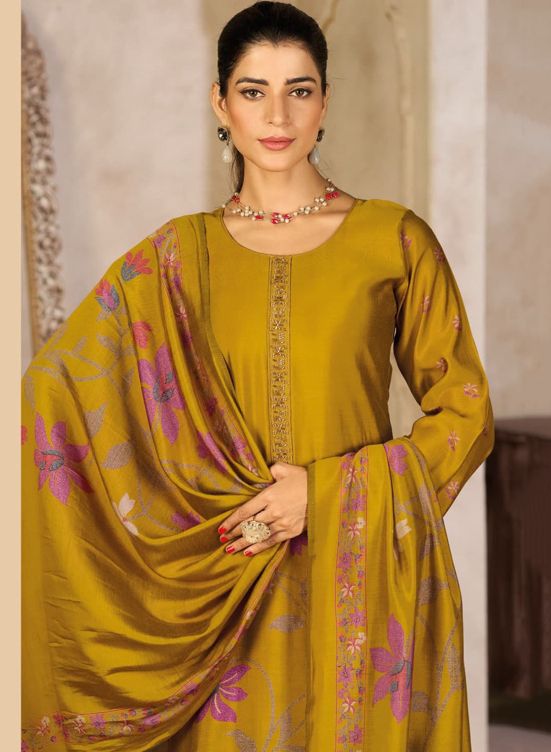 Mustard Party Wear Muslin Silk Unstitched Salwar Suit Dress Material