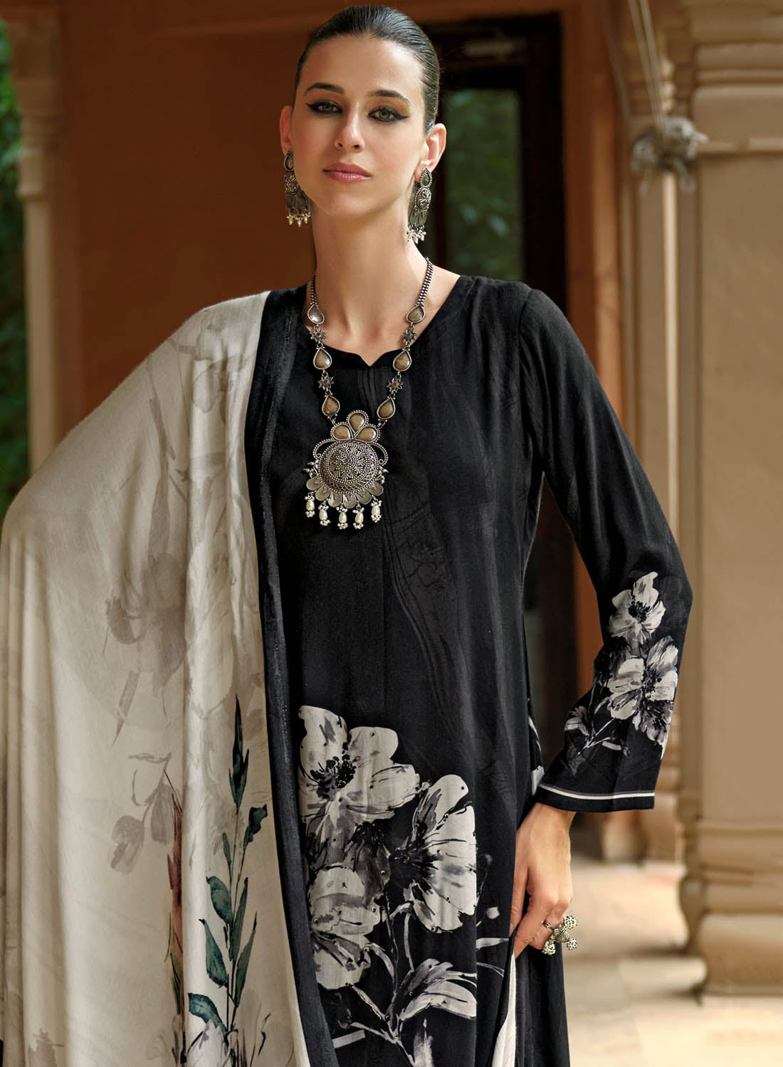 Black Unstitched Pashmina Winter Salwar Suit Set Fabric Material for Women