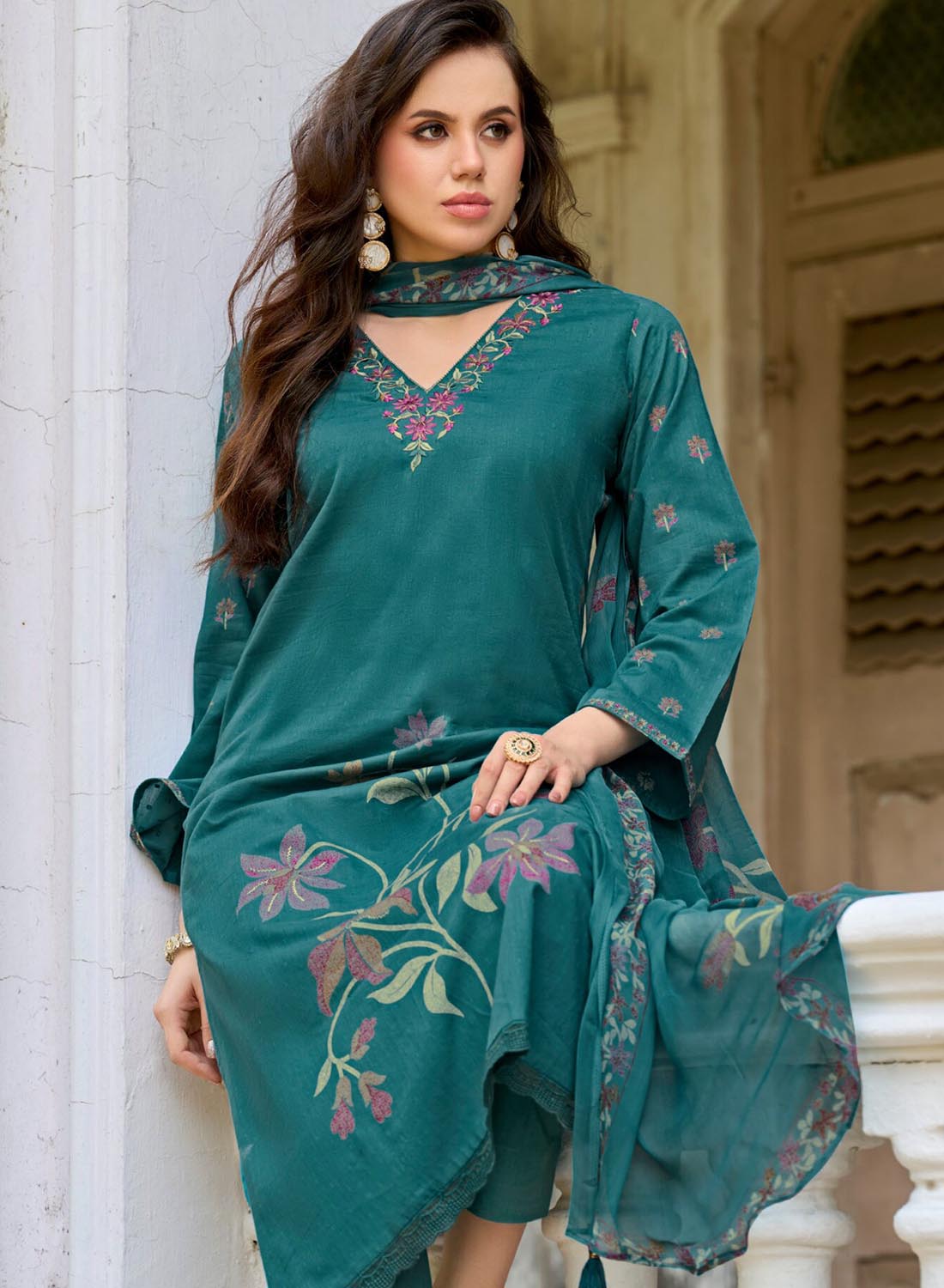 Women’s Cotton Unstitched Salwar Suit Material with Chiffon Dupatta