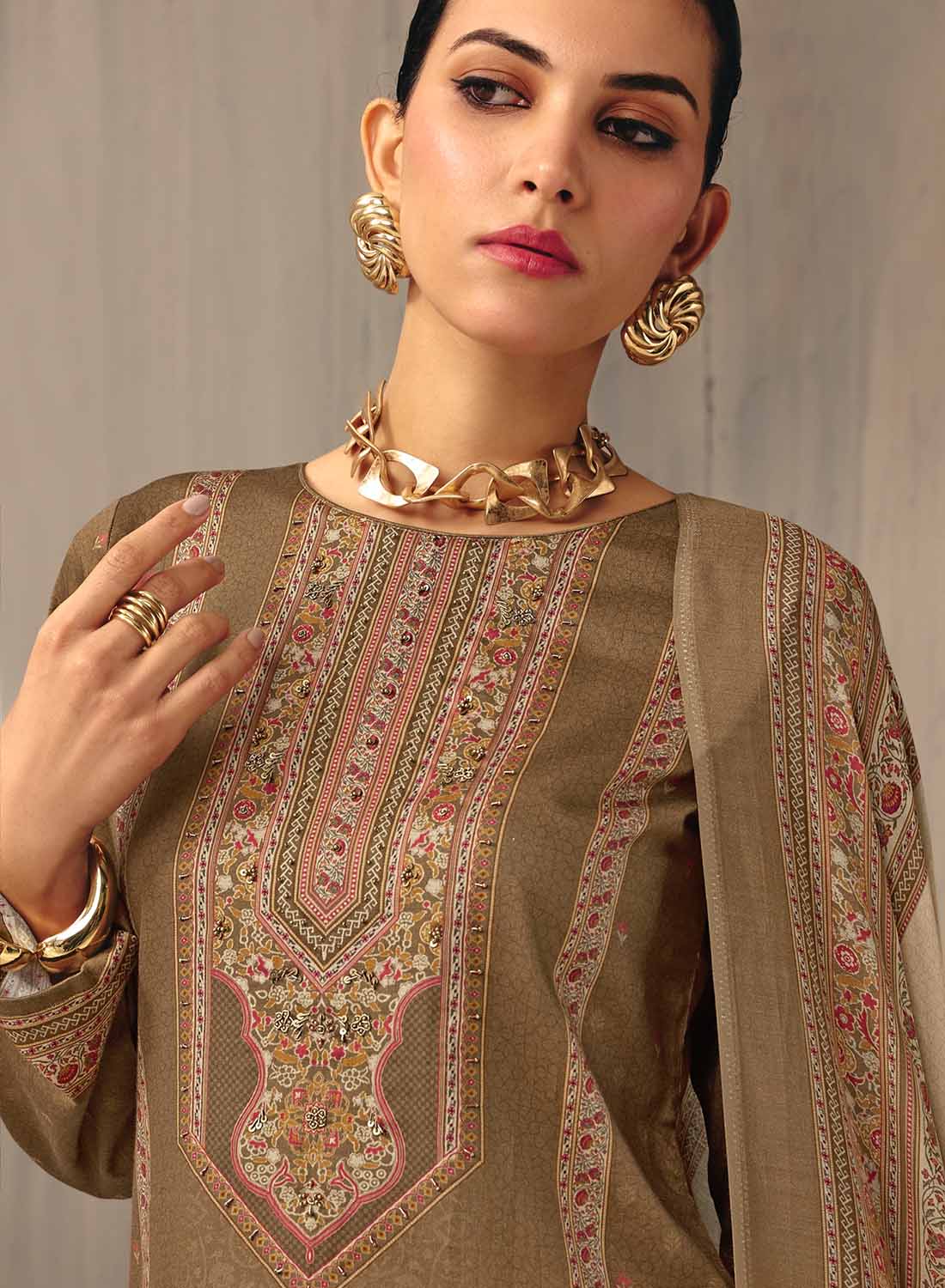 Brown Unstitched Cotton Salwar Suit Dress Material for Women