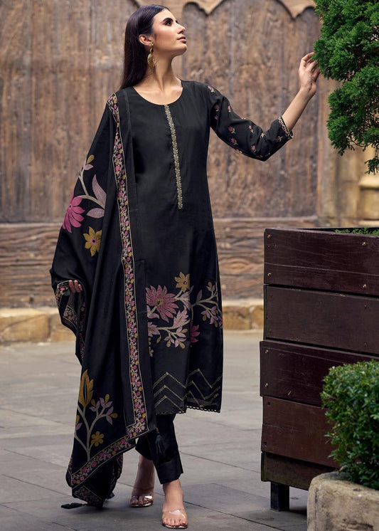 Party Wear Pure Muslin Unstitched Printed Women Salwar Suit Black