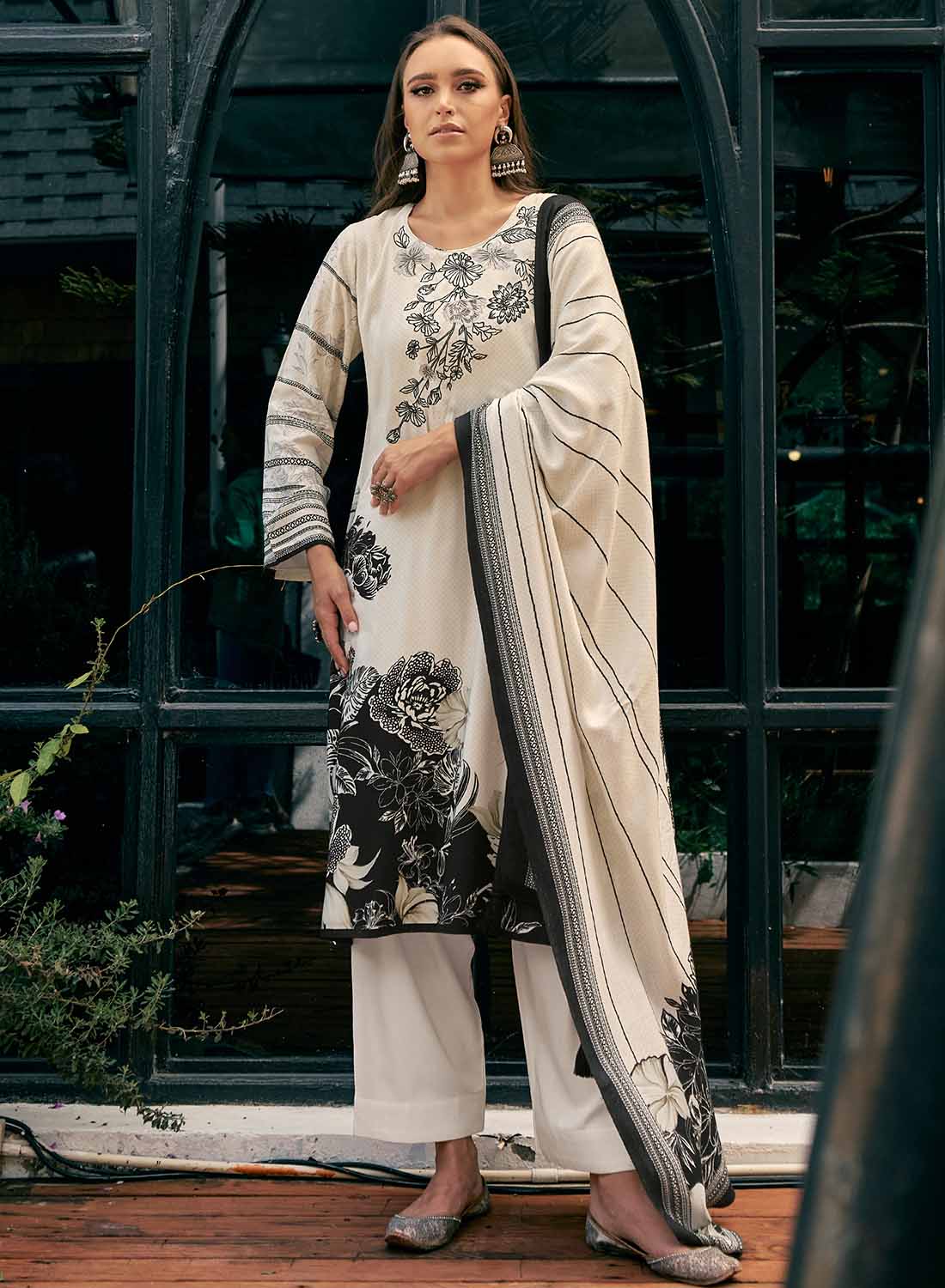 White Pashmina Unstitched Winter Suit Dress Material with Shawl Dupatta