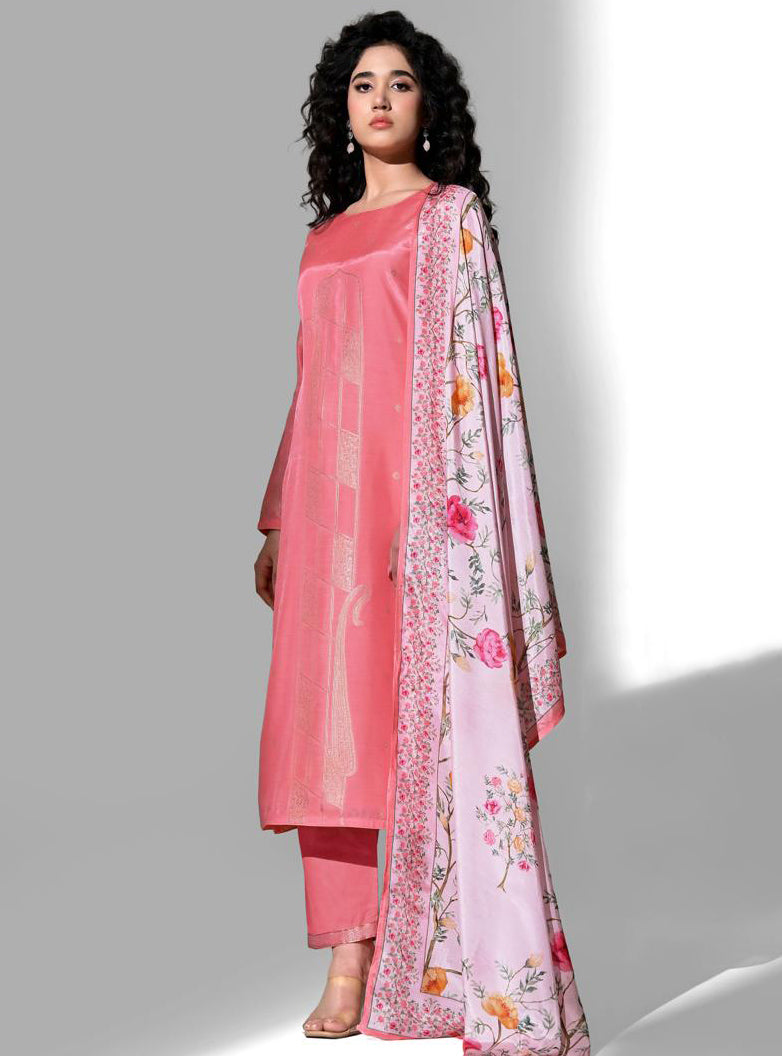 Party Wear Pink Muslin Jacquard Unstitched Salwar Suit for Women