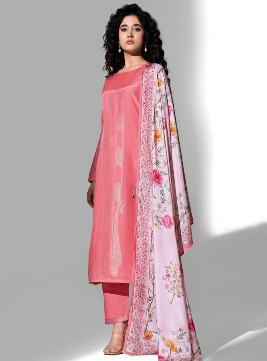 Party Wear Pink Muslin Jacquard Unstitched Salwar Suit for Women