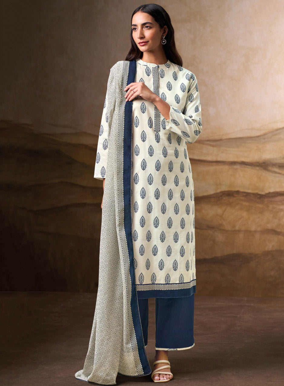 Ganga Pure Cotton Off-White Unstitched Suit Dress Material for Women
