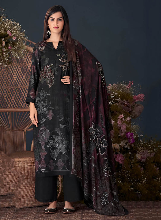 Women's Unstitched Black Printed Pashmina Winter Suit Dress Material