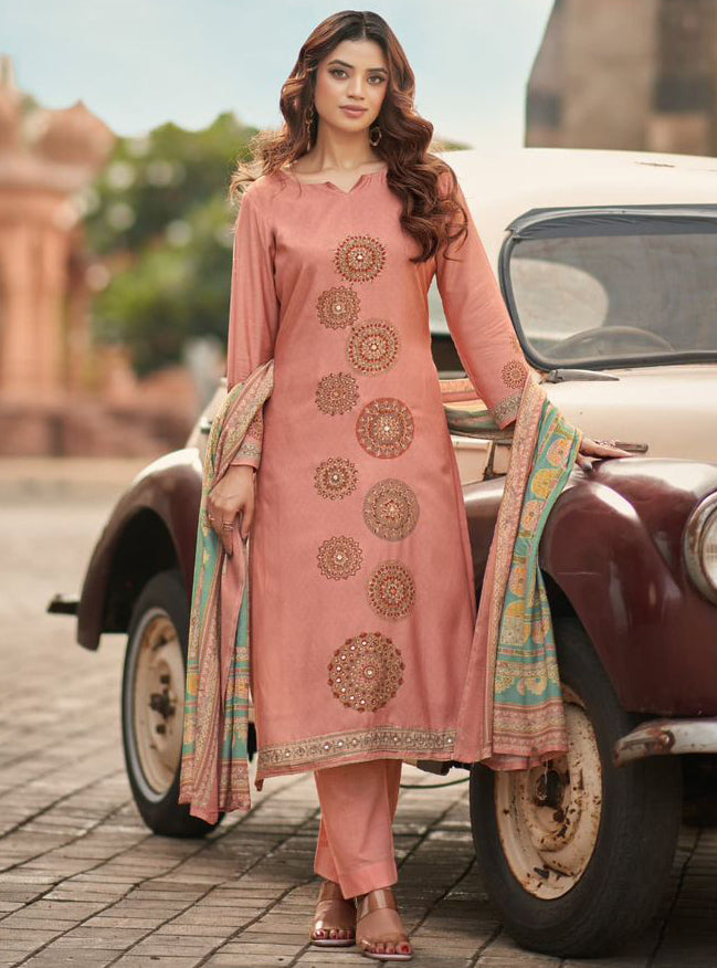 Party Wear Muslin Shimmer Pink Unstitched Suit Material with Hand Work