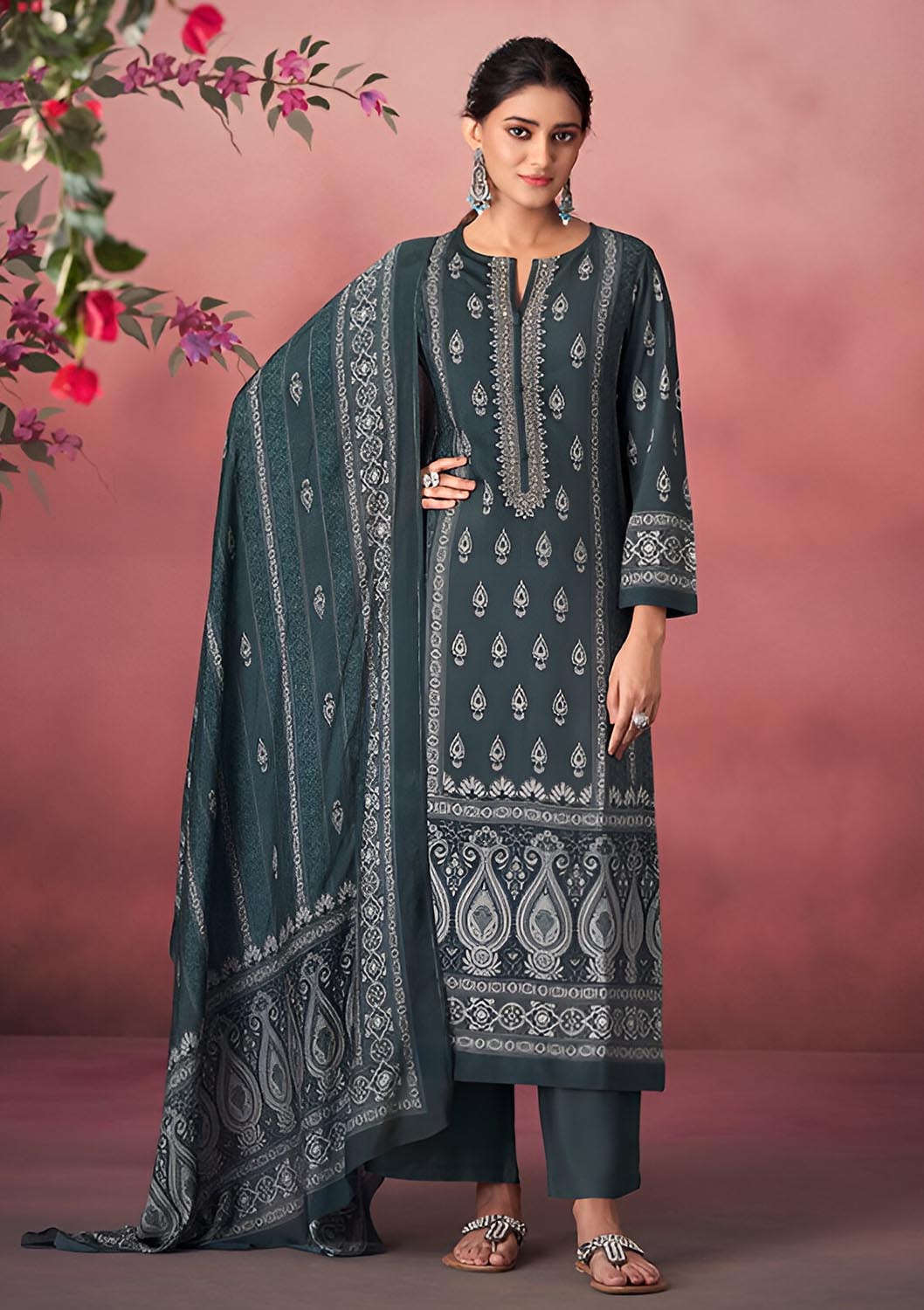 Unstitched Pashmina Winter Suit Material with Muslin Silk Dupatta Esta Designs