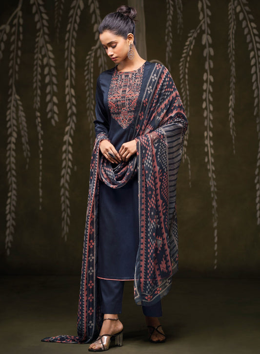 Ganga Cotton Satin Blue Unstitched Salwar Suit Set Fabric Material