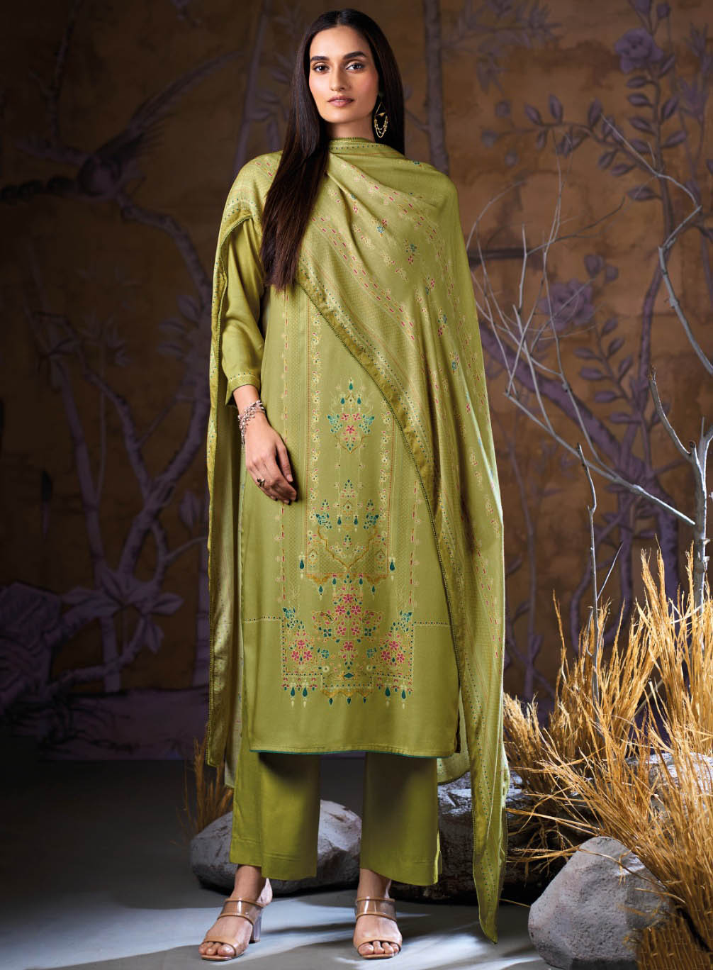 Green Wool Pashmina Winter Unstitched Suit Set with Swarovski Work